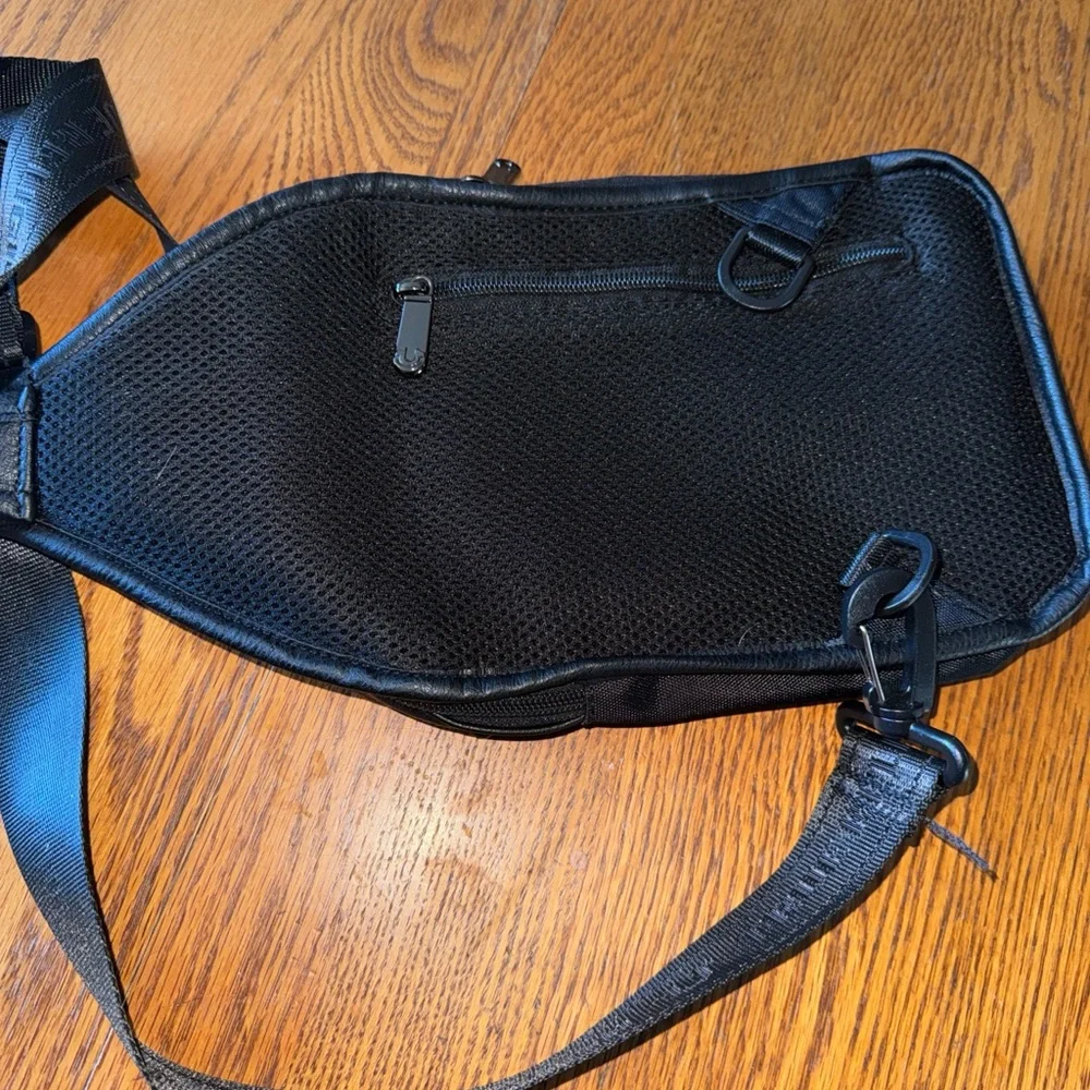 True Religion Black Patterned Sling Bag with Logo Patch
